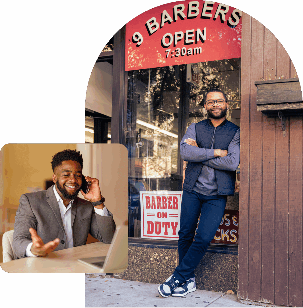 Man outside barbershop, another on phone indoors.