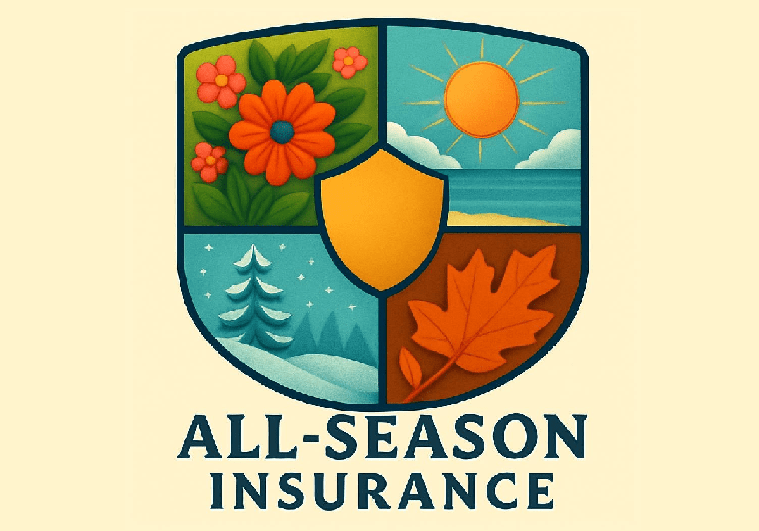 Logo with four seasonal symbols surrounding a shield for insurance.